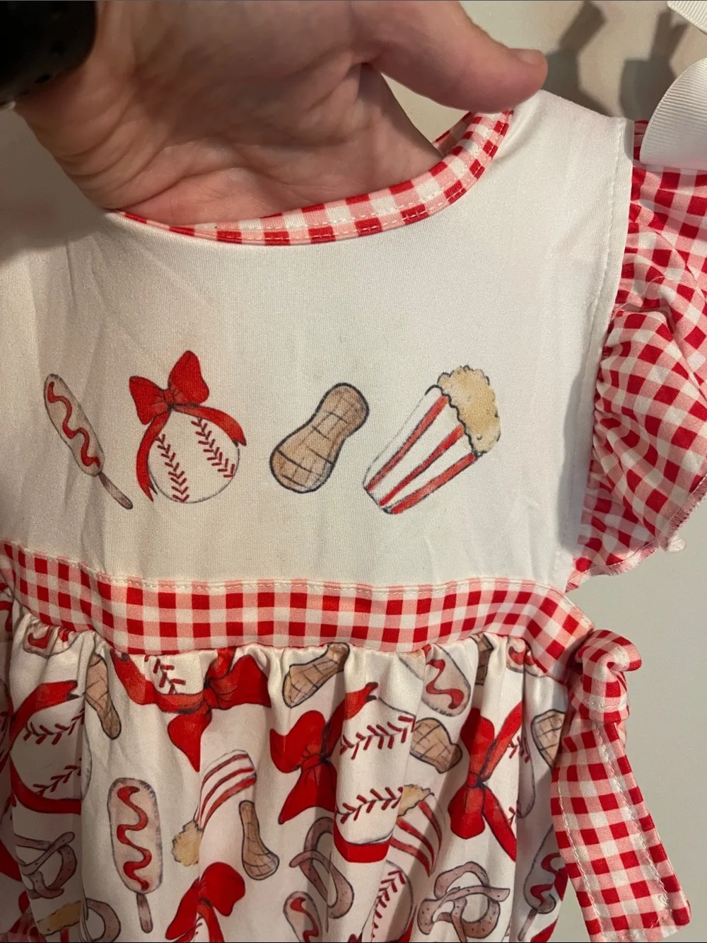 Red & White Gingham Baseball Bubble Romper 2T girls bow